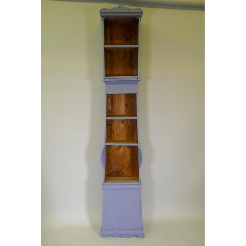 1145 - An C19th Swedish painted pine Mora clock case converted with open shelves, 225cm high