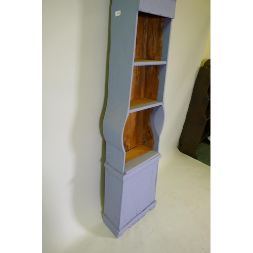 1145 - An C19th Swedish painted pine Mora clock case converted with open shelves, 225cm high