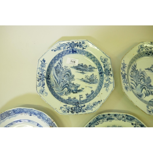 115 - A set of three Chinese C18th blue and white soup dishes, two similar and three plates, 22cm diameter