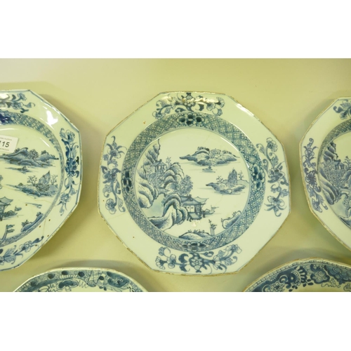 115 - A set of three Chinese C18th blue and white soup dishes, two similar and three plates, 22cm diameter