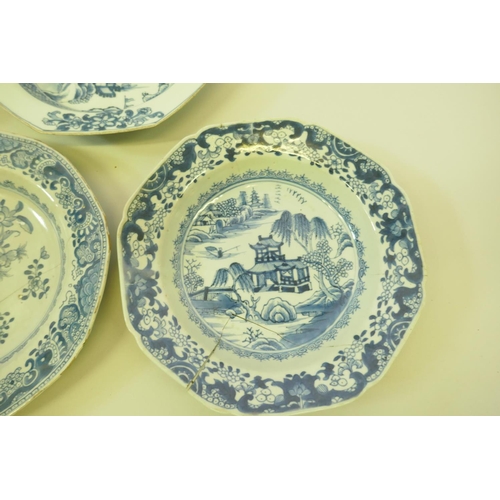 115 - A set of three Chinese C18th blue and white soup dishes, two similar and three plates, 22cm diameter