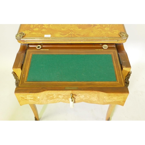 1150 - A French marquetry inlaid rosewood card table with brass mounts, the top slide back to reveal a writ... 