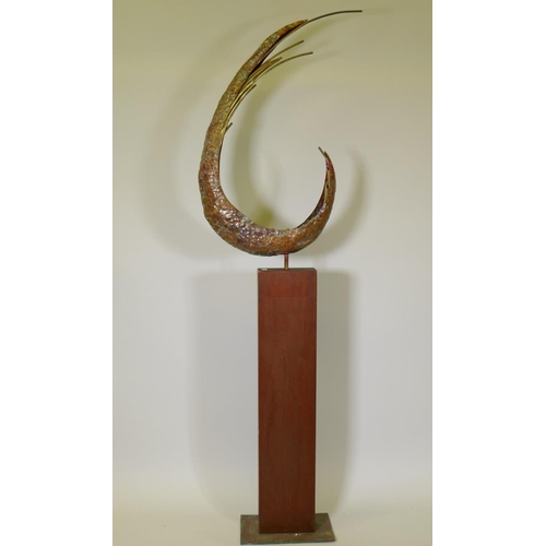 1154 - A modern copper and brass sculpture mounted on a wood stand, signed A. Duerst. 83, 202cm high