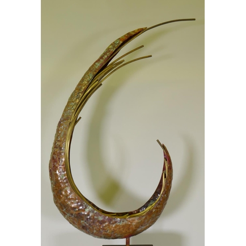 1154 - A modern copper and brass sculpture mounted on a wood stand, signed A. Duerst. 83, 202cm high