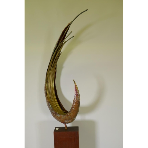 1154 - A modern copper and brass sculpture mounted on a wood stand, signed A. Duerst. 83, 202cm high