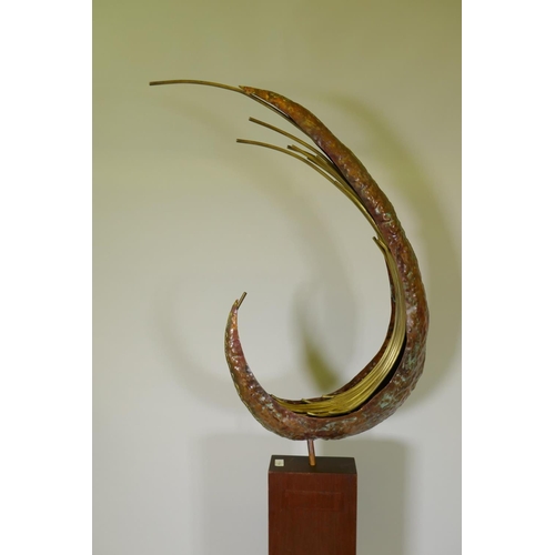 1154 - A modern copper and brass sculpture mounted on a wood stand, signed A. Duerst. 83, 202cm high