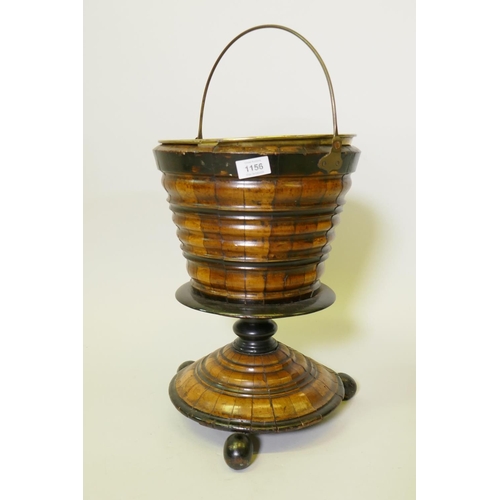 1156 - Dutch fruitwood wine cooler with ebonised decoration and brass liner, 30cm diameter, 42cm high