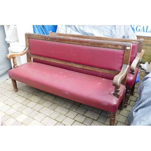 1213 - Two antique beechwood benches with leatherette upholstery, 183cm long