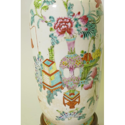 122 - Antique Chinese porcelain cylinder shaped vase decorated in bright enamels and a seal mark to the bo... 