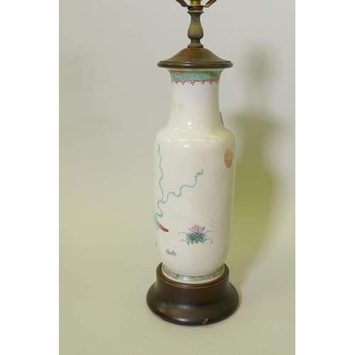 122 - Antique Chinese porcelain cylinder shaped vase decorated in bright enamels and a seal mark to the bo... 