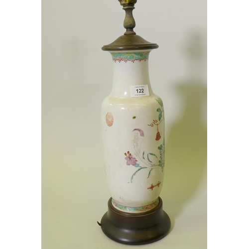 122 - Antique Chinese porcelain cylinder shaped vase decorated in bright enamels and a seal mark to the bo... 