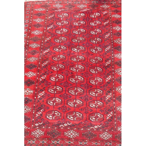 1226 - A vintage Bokhara wool rug with traditional design on a red field, 115 x 146cm