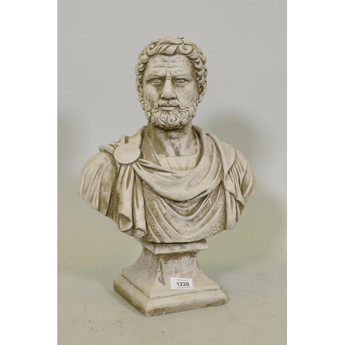 1228 - A reconstituted stone cast portrait bust of the Roman Emperor Hadrian, 45cm high