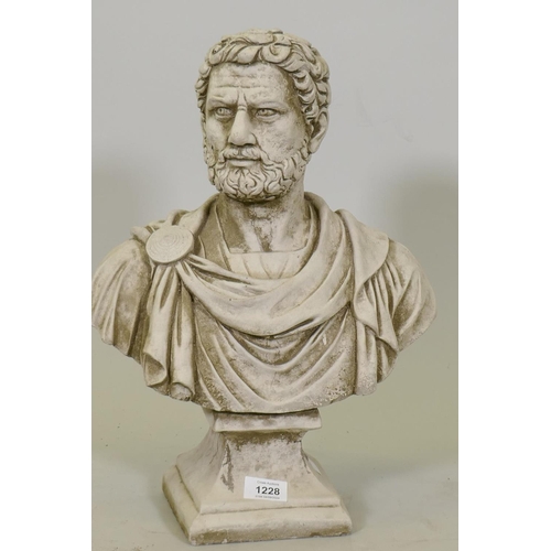 1228 - A reconstituted stone cast portrait bust of the Roman Emperor Hadrian, 45cm high