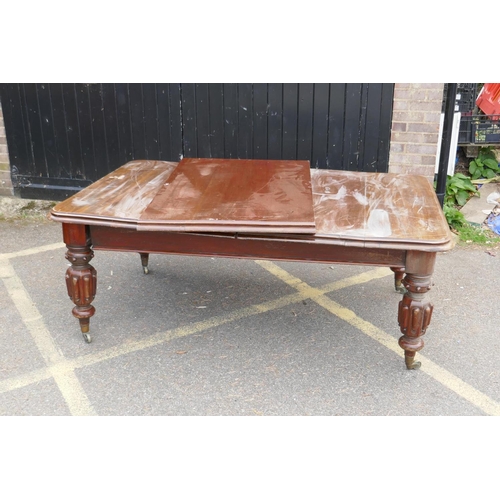 1233 - Victorian mahogany draw leaf dining table raised on carved bulbous supports with brass castors, with... 