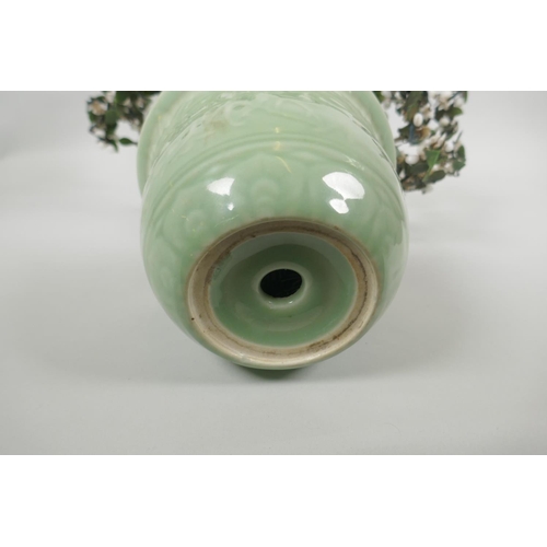 126 - A Chinese celadon glazed porcelain planter with imitation hardstone miniature tree, 45cm high