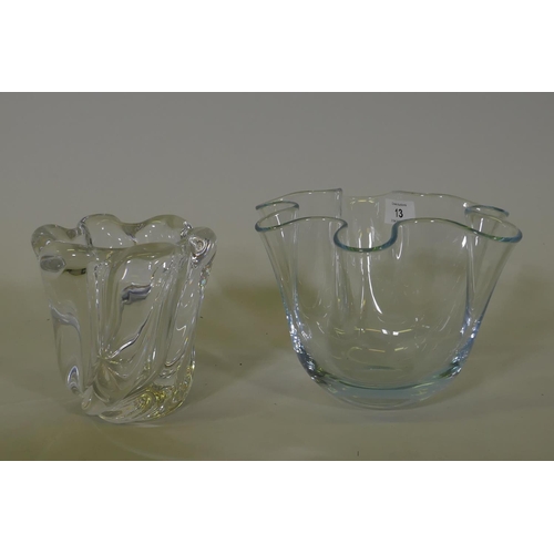 13 - An Orrefors crystal glass bowl, 14cm high, and another studio glass bowl, unsigned