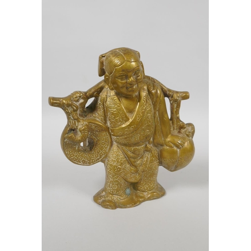 133 - A Chinese brass figure symbolising wealth and health, 19cm high