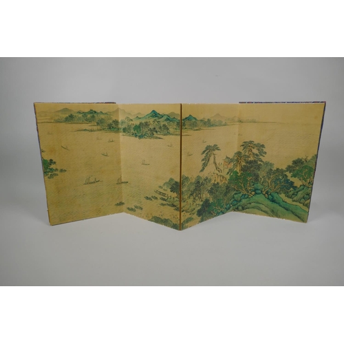 135 - A Chinese printed watercolour concertina book depicting an extensive riverside landscape scene, 18 x... 