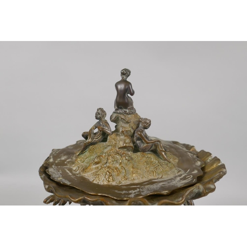 14 - A C19th ormolu and bronze card tray/centrepiece decorated with bathing women and sea shore fauna and... 