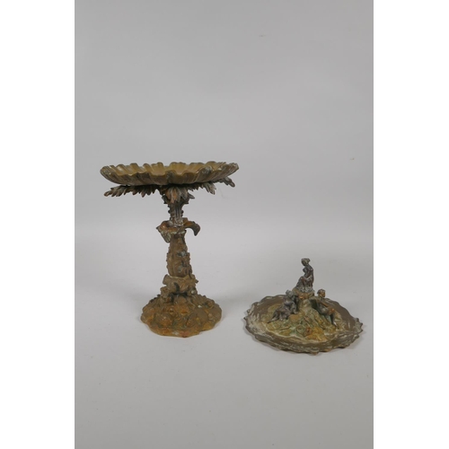 14 - A C19th ormolu and bronze card tray/centrepiece decorated with bathing women and sea shore fauna and... 