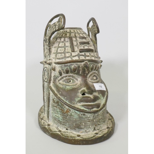 16 - An African bronze, Benin style head of an oba with collar and headdress, 32cm high