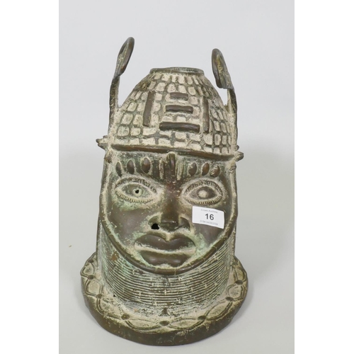 16 - An African bronze, Benin style head of an oba with collar and headdress, 32cm high