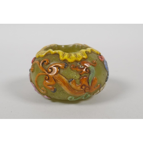 165 - A Chinese Peking glass bird feeder with carved and enamelled dragon decoration, seal mark to base, 6... 