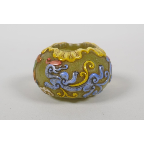 165 - A Chinese Peking glass bird feeder with carved and enamelled dragon decoration, seal mark to base, 6... 