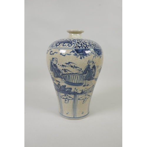 168 - A Chinese meiping crackleware vase with blue and white decoration of figures in a garden, inscriptio... 