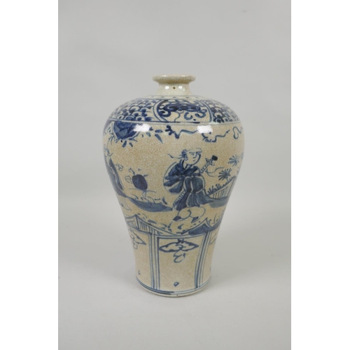 168 - A Chinese meiping crackleware vase with blue and white decoration of figures in a garden, inscriptio... 