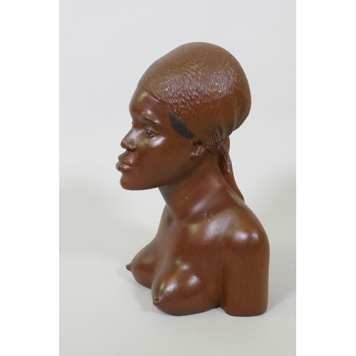 17 - A Haitian carved and painted wood bust of a female, signed to base, Pian Charles, Haiti, 30cm high