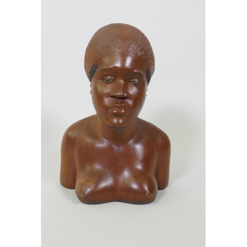 17 - A Haitian carved and painted wood bust of a female, signed to base, Pian Charles, Haiti, 30cm high