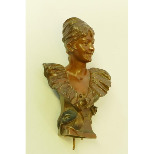 174 - After G. van der Straeten Art Nouveau bronze bust of a smiling woman, La Comedie, signed on back and... 