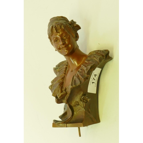 174 - After G. van der Straeten Art Nouveau bronze bust of a smiling woman, La Comedie, signed on back and... 