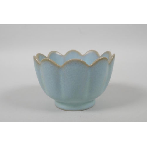 185 - A Chinese Ru ware style porcelain lotus flower shaped bowl, 10cm diameter