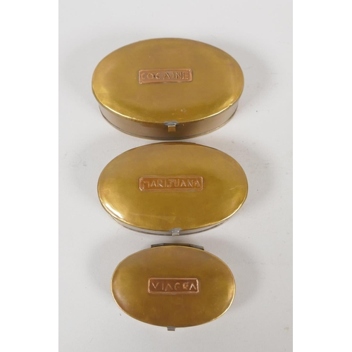 194 - Three brass compasses and a set of three nesting brass drug boxes, largest 12 x 8cm