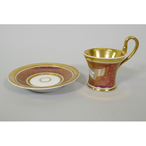 20 - A C19th Vienna lustre and gilt cup and saucer, inscribed 'Alles nach Wunsch' (everything as you desi... 