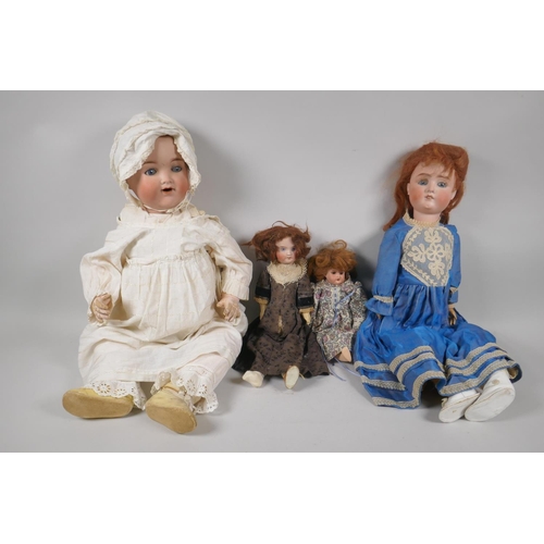 207 - Four porcelain head dolls, an Armand Marseille 991 doll with rolling eyes and open mouth, compositio... 