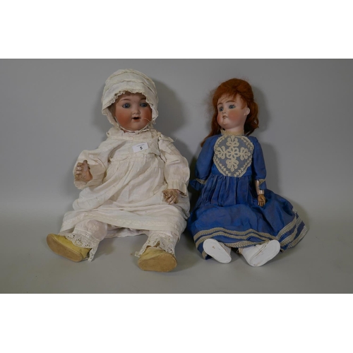 207 - Four porcelain head dolls, an Armand Marseille 991 doll with rolling eyes and open mouth, compositio... 