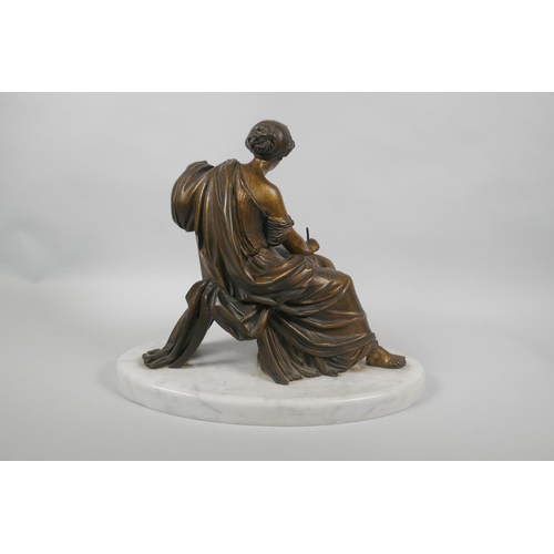 21 - A C19th/early C20th gilt bronze figure of a female scholar on a marble base, 29cm high