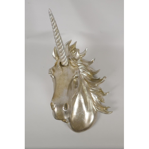 214 - A composition wall mounted Unicorn head, 42cm