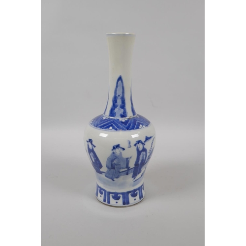 215 - A Chinese blue and white porcelain yen yen vase decorated with figures in a landscape, KangXi, 4 cha... 