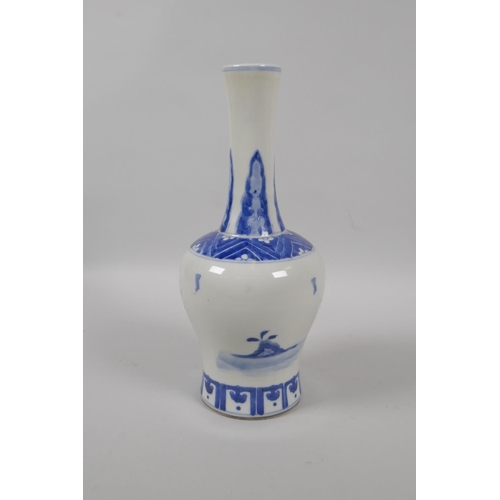 215 - A Chinese blue and white porcelain yen yen vase decorated with figures in a landscape, KangXi, 4 cha... 