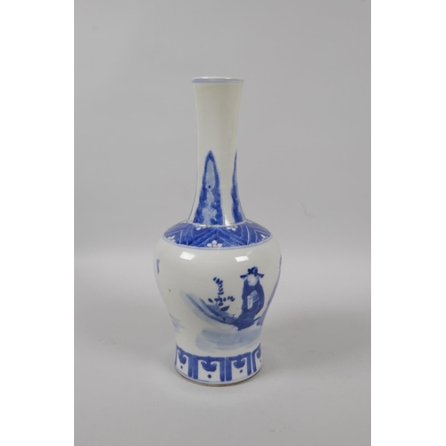 215 - A Chinese blue and white porcelain yen yen vase decorated with figures in a landscape, KangXi, 4 cha... 