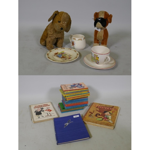 217 - A vintage stuffed plush toy dog with swivel head and a Merrythought dog, Bunnykins mug and plate, So... 