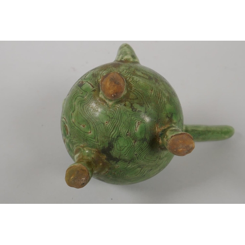 223 - An Oriental green glazed marbled pottery water dropper, 15cm