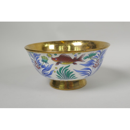 231 - Three Chinese gilt lustre and polychrome porcelain bowls, decorated with carp, flowers and asiatic b... 