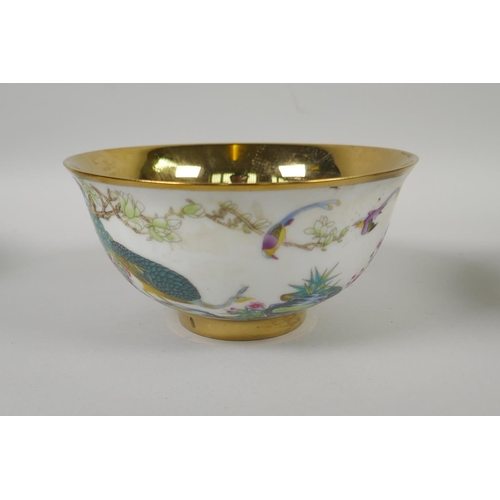 231 - Three Chinese gilt lustre and polychrome porcelain bowls, decorated with carp, flowers and asiatic b... 