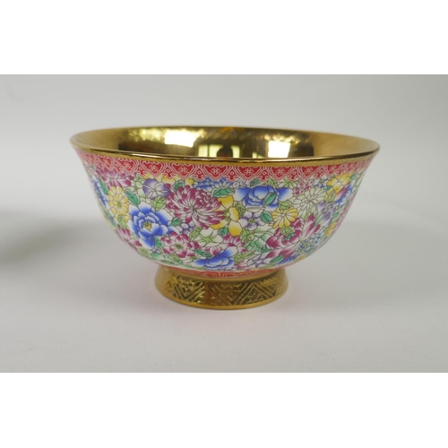 231 - Three Chinese gilt lustre and polychrome porcelain bowls, decorated with carp, flowers and asiatic b... 